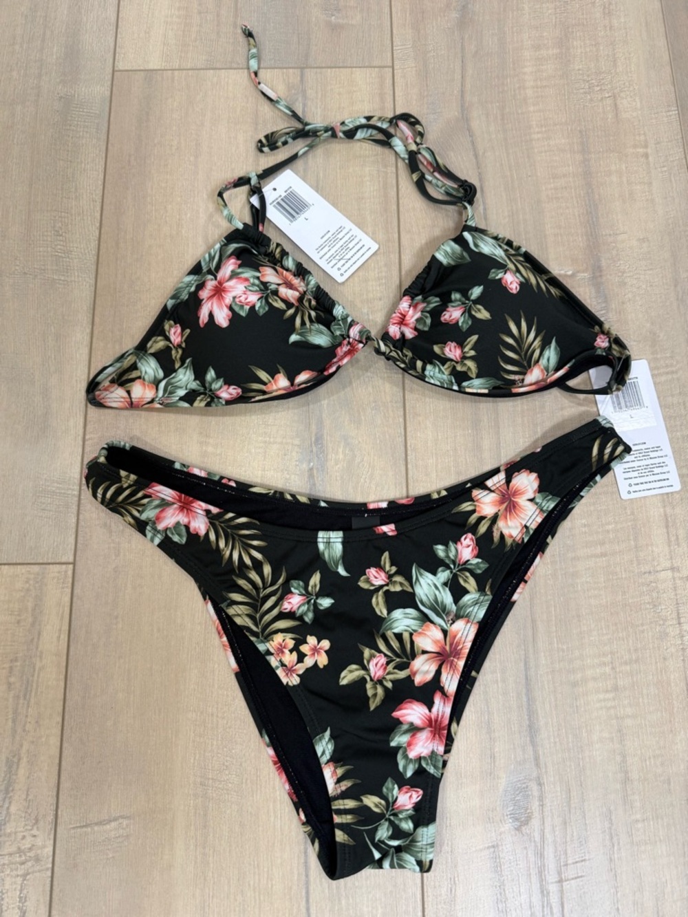 Black Floral Triangle Bikini Set - Women Swim